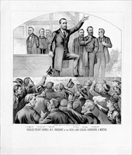 Charles Stuart Parnell, M.P., President of the Irish Land League, addressing a meeting ca. 1883