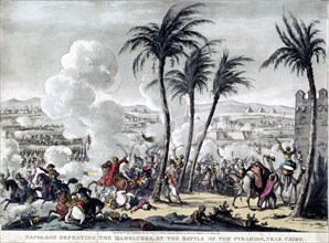 Historical lithograph - Napoleon defeating the Mamelukes, at the battle of the pyramids, near Cairo - ca. 1823