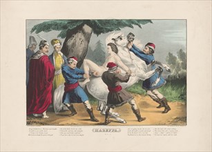 Print shows Ivan Mazepa, naked, being bound to the back of a wild horse by several men, as punishment for his affair with Countess Theresa (printed ca. 1846)