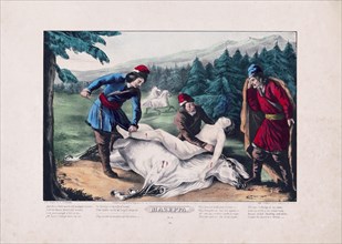 Print shows Ivan Mazepa, naked, bound to the back of a wild horse as punishment for his affair with Countess Theresa, wife of a count who learns of the affair and settles upon this form of punishment ...
