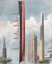 Size comparison of ocean liner 'Kaiser Wilhelm der Grosse' to Trinity Church, the St. Paul Building in New York, the Washington Monument, and the U.S. Capitol building in Washington, D.C. ca. 1898 to ...