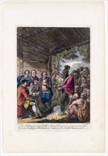 The Indians giving a talk to Colonel Bouquet in a conference at a council fire, near his camp on the banks of Muskingum in North America in Oct. 1764