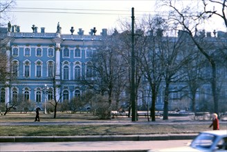 Buildings and architecture in a major city in Russia, pedestrians walking by a building late 1970s ca. 1978