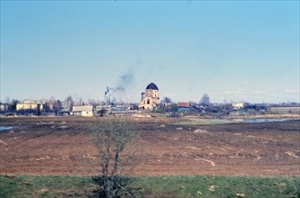 A factory in the Russian countryside spewing pollutioin in the late 1970s (1978) - factory in USSR countryside