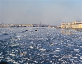 Ice patches on partially frozen river in a major city in the U.S.S.R. (Russia) in the late 1970s (1978)