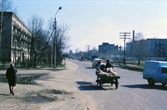 Russian man driving a cart drawn by an animal, horse or mule - 1970s Russia
