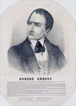 Print shows Robert Emmett, head-and-shoulders portrait, facing left. Includes excerpts from his address to the court during his trial for treason after the rebellion of 1803; also eight lines of verse...