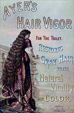 Ayer's hair vigor for the toilet. Restores gray hair to its natural vitality and color ADVERTISEMENT ca.1886