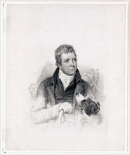 Walter Scott, half-length portrait, seated, facing right, with dog ca. 1817