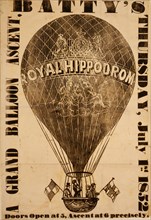 A grand balloon ascent, Batty's, Thursday, July 1st, 1852 - three men and a woman holding flags while sitting in the basket of an ascending balloon labeled Royal Hippodro