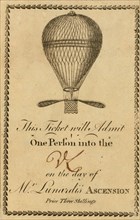 Admission ticket to one of Vincent Lunardi early balloon ascensions, probably from London, England. Includes a picture of a balloon 1784