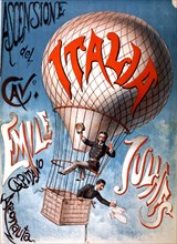 Ascensione del cave. Emile Julhes, capitano areonauta - Italian poster shows two men in a captive balloon labeled Italia 1880-1900
