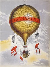 Balloon labeled H. Lachambre, with two men riding in the basket - Poster possibly advertising a balloon manufactured by Henri Lachambre ca 1880-1900