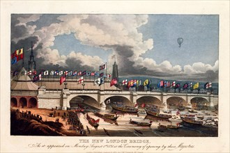 balloon possibly piloted by British balloonist Charles Green ascending over New London Bridge on the occasion of its opening, August 31, 1831, witnessed by William IV