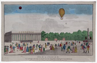 celebration on the Champs Elyseés in Paris, France, on Bastille Day, July 14, 1801. Includes spectators watching a balloon ascension