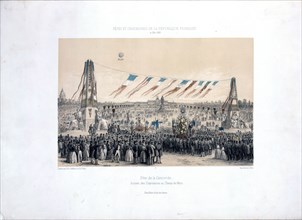 distant balloon ascending above the Champ de Mars in Paris, France, on May 21, 1848, in a ceremony commemorating the French Republic. -Fête de la Concorde, arrivée des co