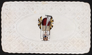 Embossed card shows balloon labelled rien d'impossible ascending with passenger 1860-1900