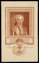 Head-and-shoulders portrait of French balloonist Jean-Pierre Blanchard. Includes image of Blanchard's balloon demonstrating his experiments with balloon navigation