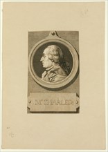 Head-and-shoulders profile portrait of French balloonist J.A.C. Charles, who made the first flight in a hydrogen balloon, Dec. 1, 1783