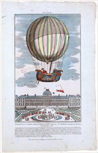 Jacques Alexandre César Charles and Marie-Noël Robert riding in the gondola of a balloon ascending from the Tuileries Garden, Paris, France, December 1, 1783 first hydro