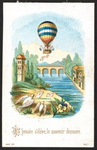 La pensée s'élève, le souvenir demeure-balloon flying over a bridge and waterway as letters fall from the balloon basket 1860-1900