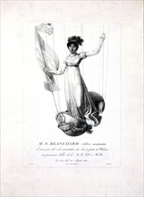 portrait of French balloonist Marie-Madeleine-Sophie Armand Blanchard, standing in the decorated basket of her balloon during her flight in Milan, Italy, in 1811