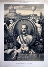 Print for the Vienna world's fair shows head-and-shoulders portrait of Emperor Franz Joseph I of Austria, in uniform, 1873
