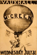 Vauxhall. Mr. Green, Wednesday, July 31st - balloonist Charles Green on horseback suspended from an ascending balloon to advertise balloon ascensions in Vauxhall Gardens