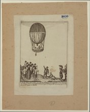 Vincenzo Lunardi riding in the gondola of a balloon ascending from Buon Retiro gardens, Madrid, August 12, 1792; the first balloon ascension in Spain