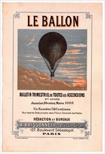 Advertisement for the French aeronautical journal Le ballon shows a balloon carrying two passengers flying in the clouds. Clipping from a book or periodical 1883