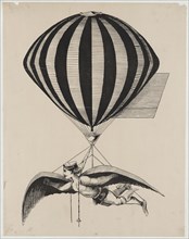 Aerialist wearing wings strapped to his shoulders and feet while suspended from a balloon 1870-1900 ca