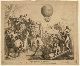 Aux amateurs de physique - French cartoon shows people outside Tuileries Garden wall in Paris to view the first balloon ascension of Jacques Charles + Marie-Noël Robert 1783