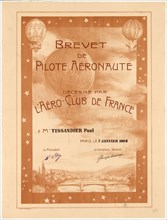 Aviation certificate awarded to Paul Tissandier by the Aero Club of France in 1904. Includes illustrations of balloons in flight