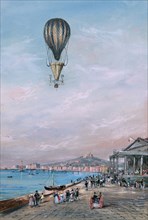 Balloon w parachute and propellers, associated with Francesco Orlandi, flying over a town and harbor possibly during an ascent in Italy between 1820 and 1850