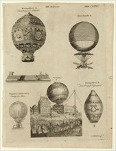 Book illustration shows five early balloon ascensions in France ca 1784