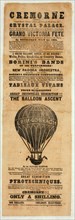 Broadside announce an inaugural festival for Exhibition of All Nations, London, England, 1851. Includes picture of balloon Erin-go-Bragh to publicize ascent by John Hampton
