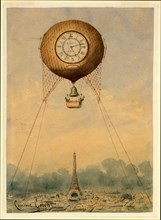 Captive balloon with clock face and bell, floating above the Eiffel Tower, Paris, France