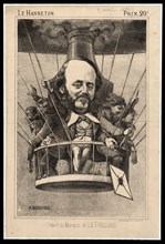 Départ du Marquis de le Guillois - French caricature shows the Marquis de le Guillois, possibly the publisher or editor of Le hanneton, departing in a balloon ca 1864