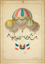 Drawing shows balloon carrying two men, possibly associated with French ballonist, Eugène Godard.