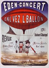 French circus poster shows two performers in the basket of an airship navigated by a rudder and a propeller. The basket bears the date 1884.