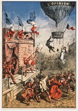 Humorous print shows a theatrical performer on an outdoor stage shooting at a balloon, labeled L'opinion -L'opinion lith Van Geleyn - 1870-1900 ca