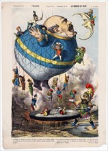 I volatori. Les messieurs qui volent - Italian political cartoon shows a large balloon (Politica) in the shape of a man ready to gobble up the moon 1880