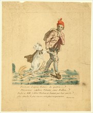 Portrait d'après nature de quatre phisiciens celebres volants sans ballon - French cartoon shows Abbé Miollan as a cat and Janinet with bag of money after failure 1784