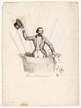 portrait of French ballonist Francesco Arban standing in the basket of a balloon, waving his hat