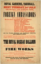 Text-only broadside announcing ascent of Charles Green's balloon The Royal Nassau at the Royal Gardens, Vauxhall, London. ca. 1838