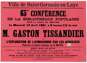 Text-only broadside announcing Gaston Tissandier's lecture on his exploration of the atmosphere by balloon, held April 13, 1881