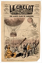 Une alerte, Place du Carrousel - cartoon shows Prince Don Carlos in a heavily armed balloon that has blown off course ca. 1878