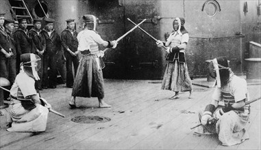 Japanese sailors fencing on board their warship ca. 1910-1915