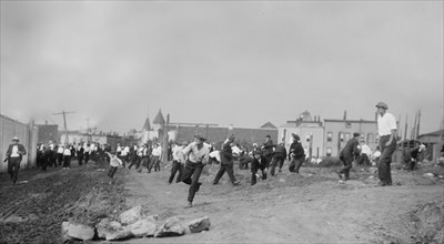 Strikers stoning guards, Bayonne Oil Workers strike ca. 1915-1916
