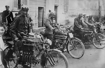 Italian men on motorcycles during World War I ca. 1914-1915